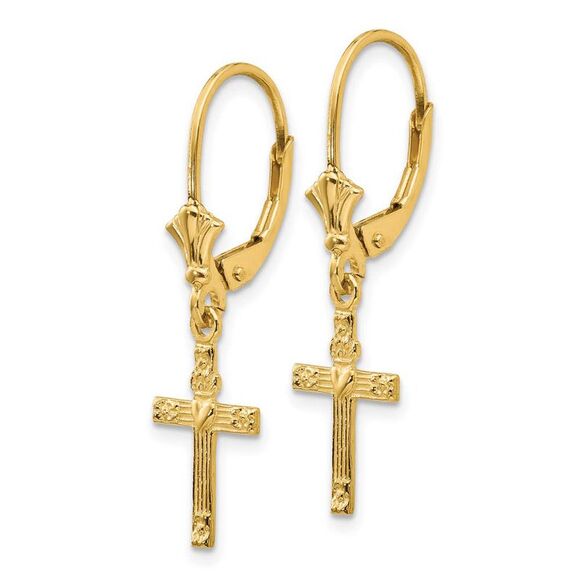 13mm Textured Cross with Heart Lever Back Earrings in 14k Yellow Gold - Picture 2 of 5